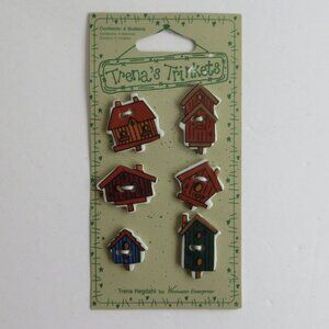 Trena's Trinkets 2-Hole Ceramic Buttons 6 Folkart Birdhouses NEW on Card 1997